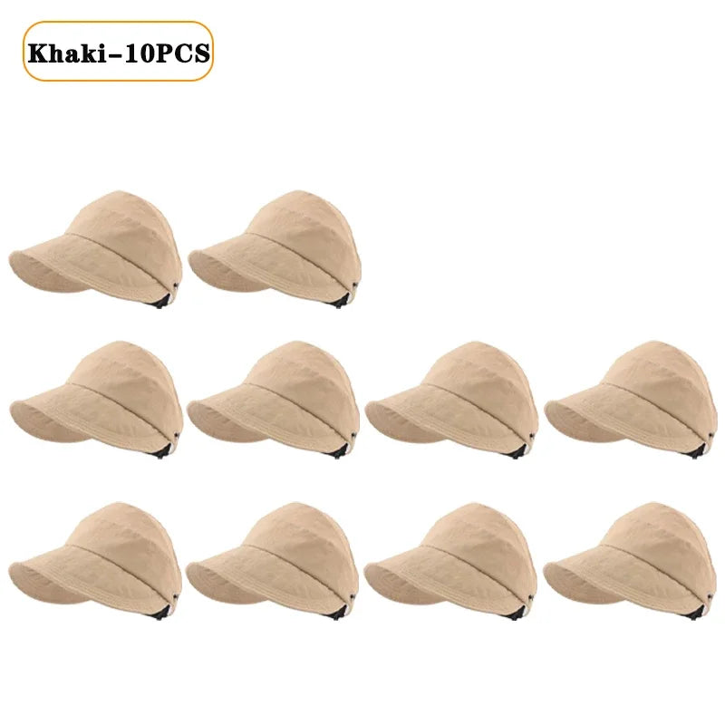 Foldable Wide Brim Ponytail Sun Hat – Adjustable Beach Cap Wide Brim Sun Hat Babs Khaki-10PCS 55-58cm