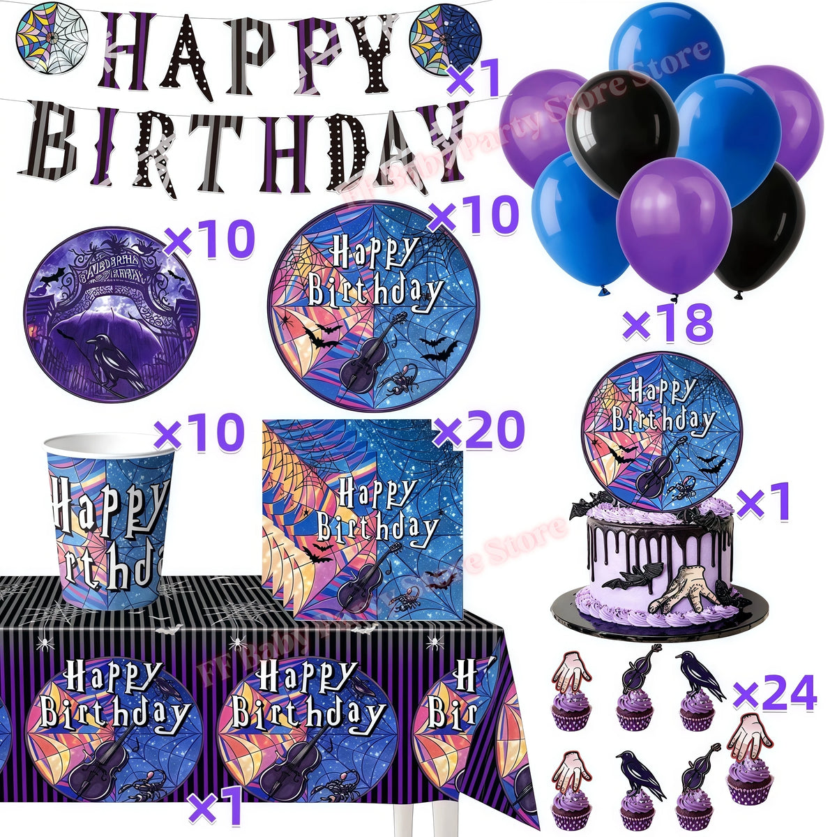 Addams Dark Academia Birthday Party Kit – Balloons, Plates & Backdrop Party Decoration Kit Babs 95pcs others