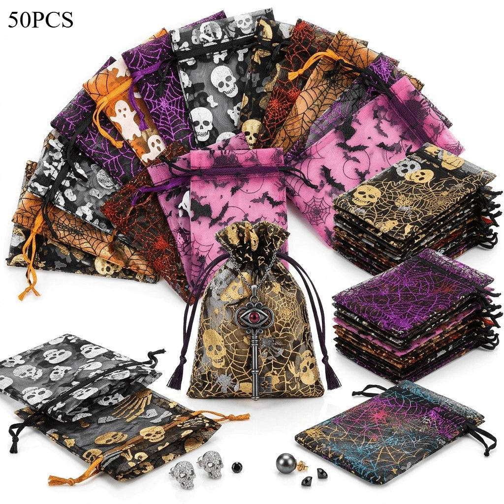 50PCS Halloween Drawstring Candy Bags – Foil Ghost Bat Print Halloween Gift Bags Babs Random mixed style 15x10CM