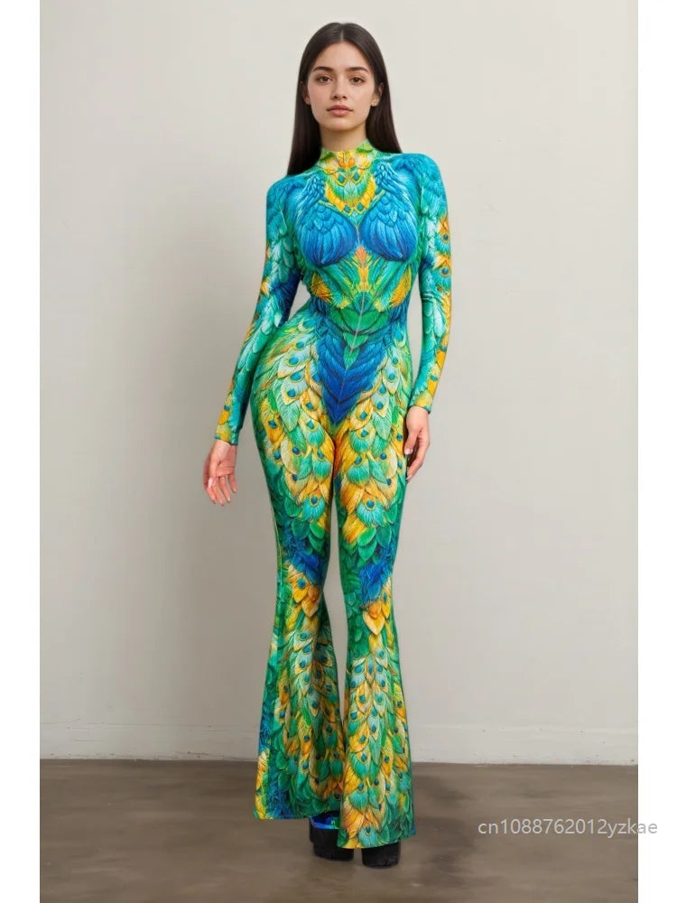 Women's Rainbow Skeleton Flared Catsuit Halloween Jumpsuit Halloween Costume Babs