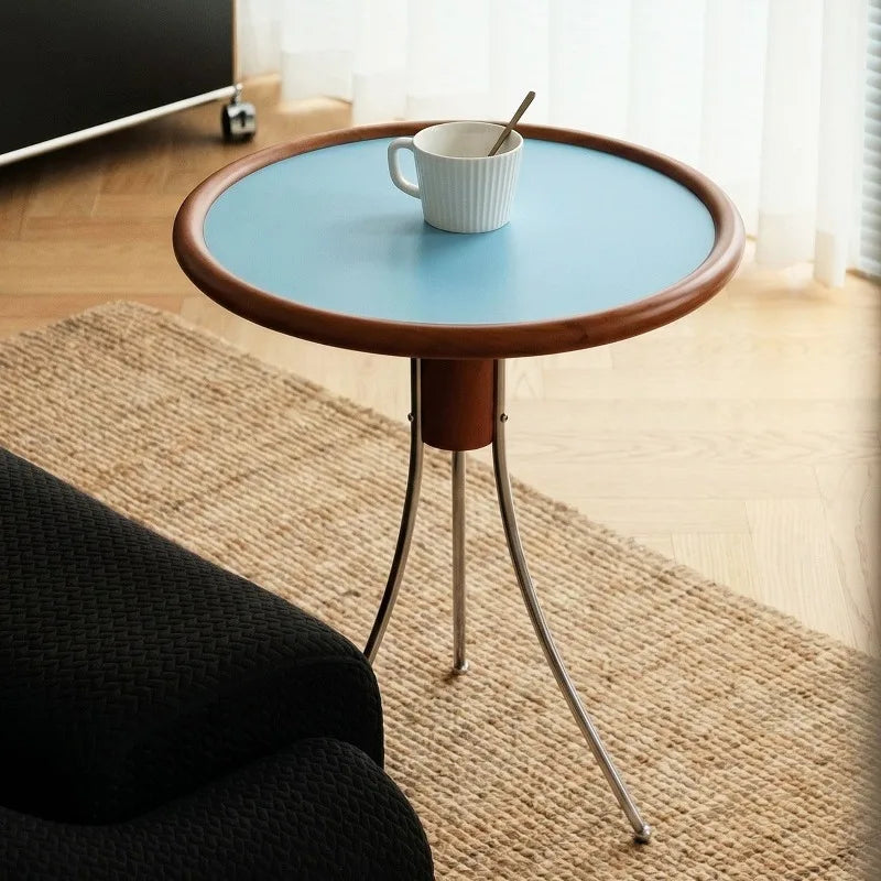 Round Side Table Solid Oak Top & Stainless Steel Legs – Modern Round Side Table Babs Small-Light Blue