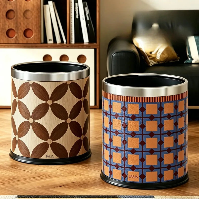 Retro PU Leather Trash Can – 10L Luxury Round Waste Bin Decorative Waste Bin Babs