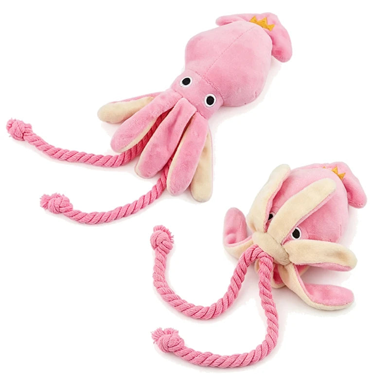 Pink Octopus Squeaky Dog Toy – Cotton Rope Chew & Tug Toy Interactive Dog Toy Babs