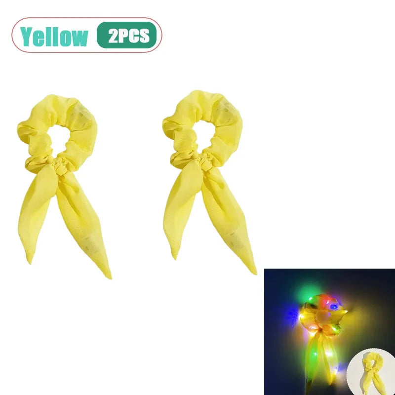 LED Light-Up Bow Scrunchie Glowing Hair Tie | Party Festival LED Hair Accessory Babs Yellow-2pcs