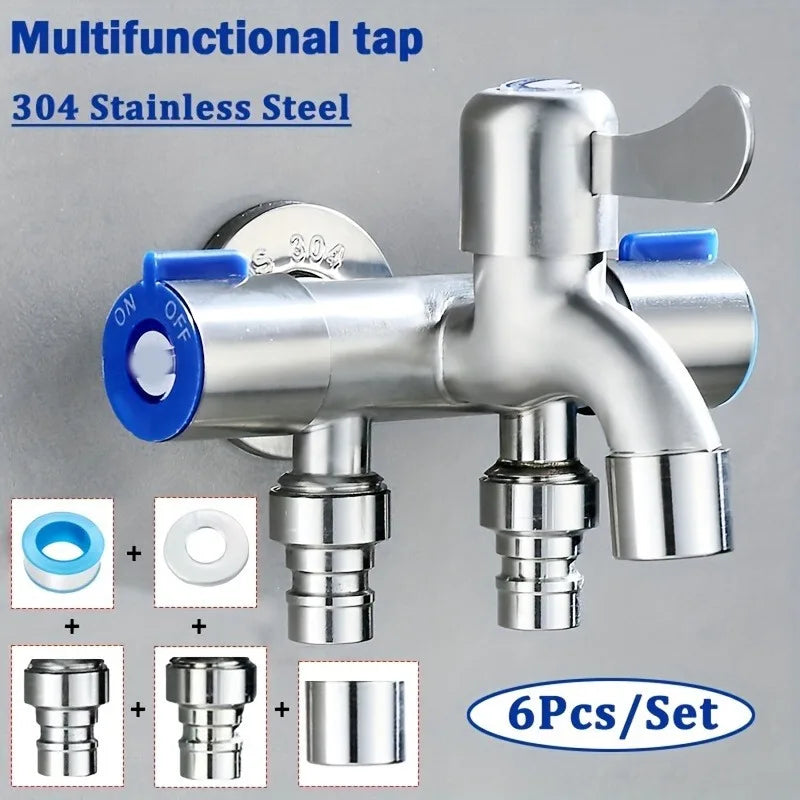 Stainless Steel 3-Way Tap & Washing Machine Angle Valve Angle Valve Faucet Babs Silvery