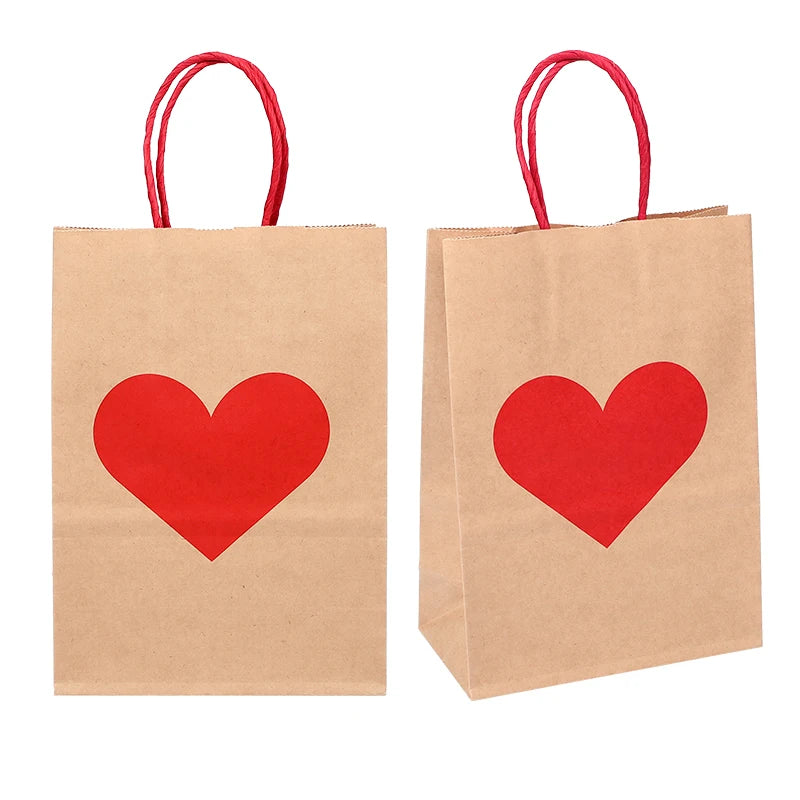 10Pcs Red Heart Kraft Paper Gift Bags with Tags | Party & Wedding Kraft Paper Gift Bags Babs Only Bag 21x15x8cm