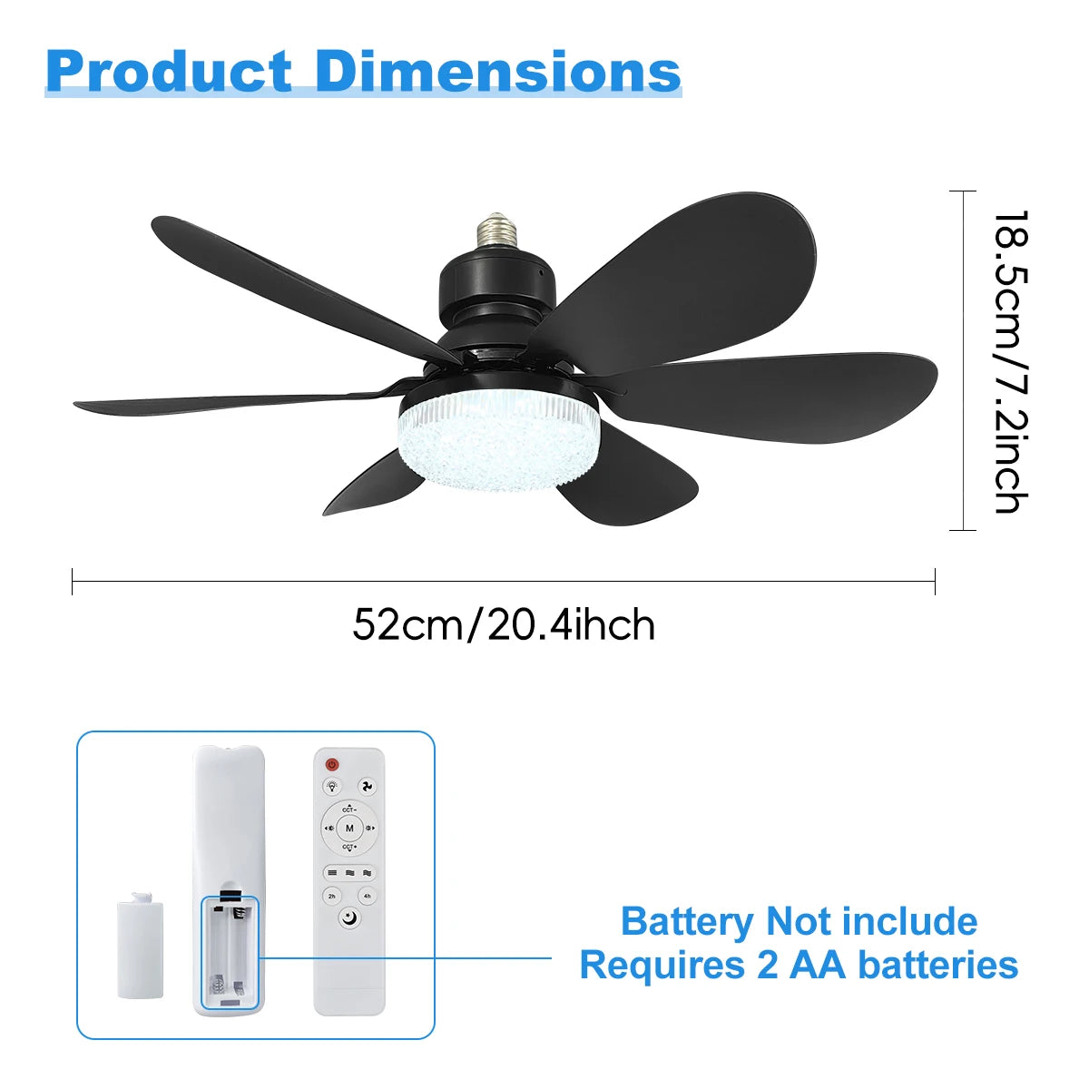 E27 Socket Ceiling Fan with LED Light & Remote Control Ceiling Fan Light Babs Crystal Black 52cm