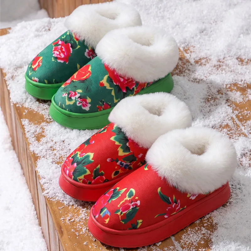 Chinese Floral Fleece-Lined Slippers – Warm Non-Slip Winter Fleece-Lined Slippers Babs