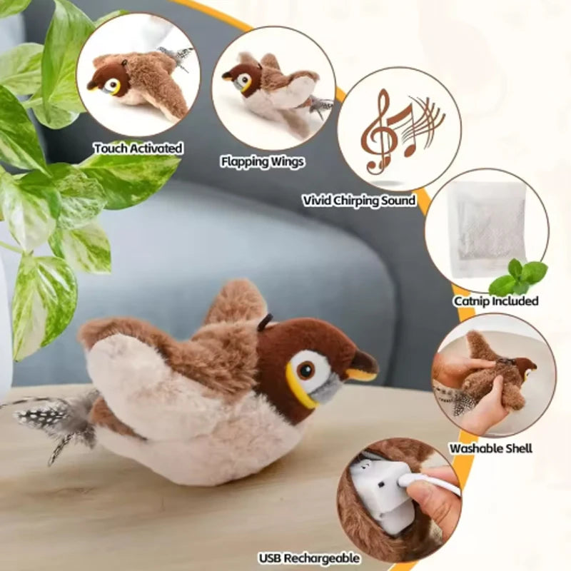 Flapping Bird Cat Toy – Bite Resistant Plush Sparrow Cat Plush Toy Babs