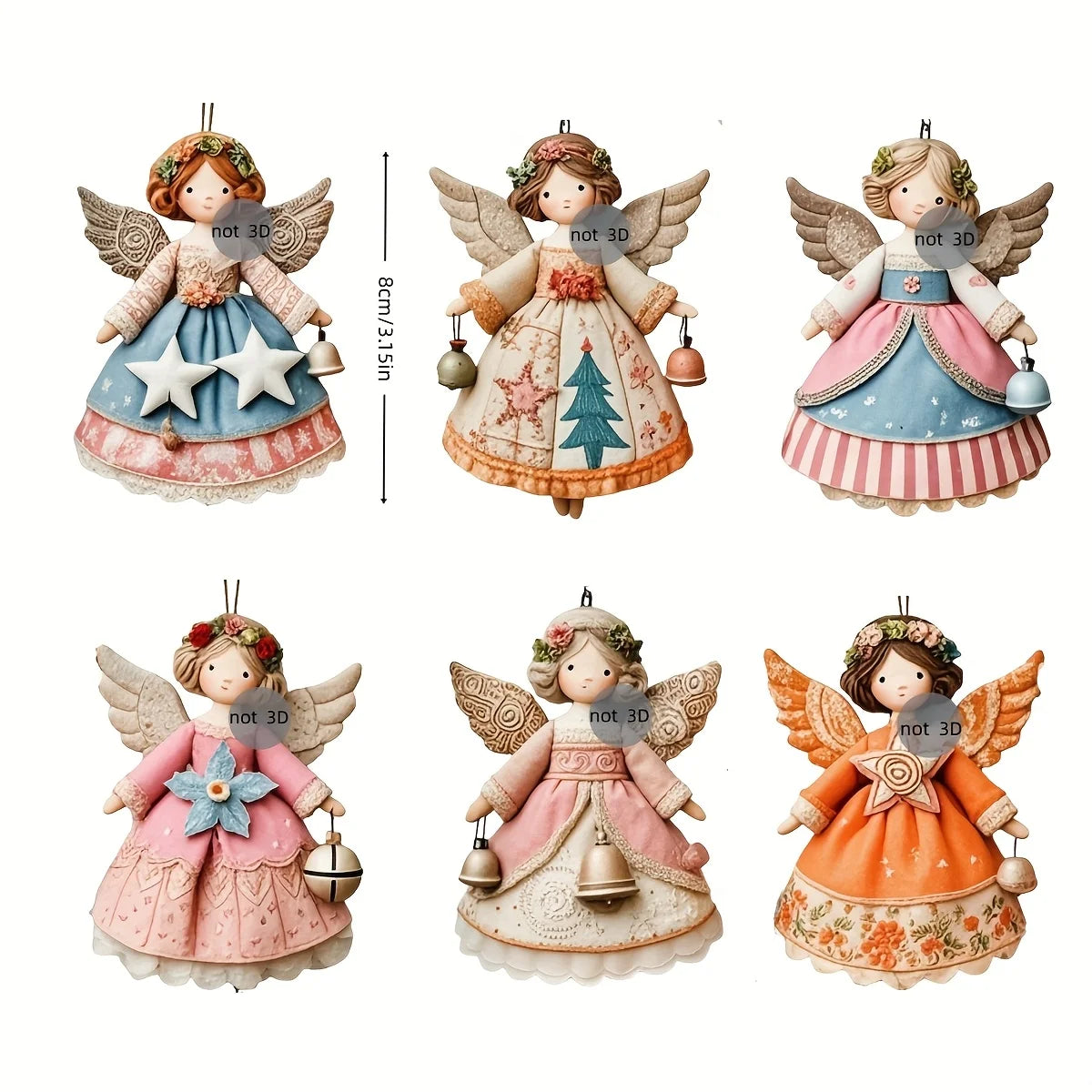 12pcs Retro Handmade Christmas Angel Pendants – Floral & Star Christmas Ornament Set Babs