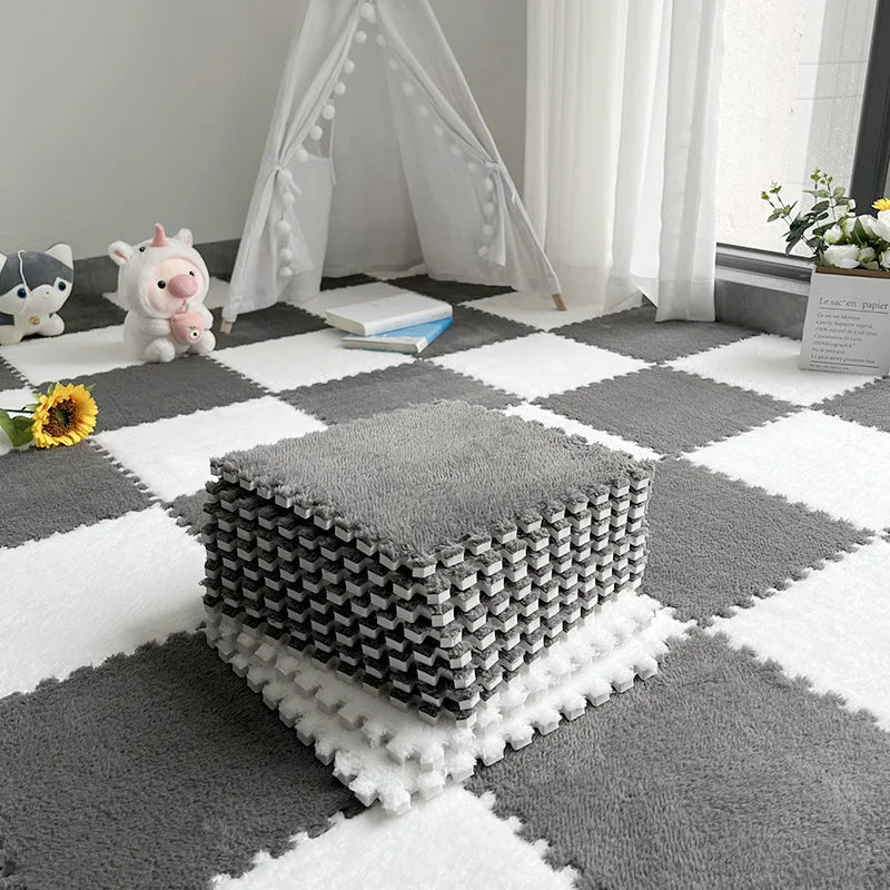 Soft Plush Baby Play Mat – EVA Foam Interlocking Puzzle Tiles Baby Play Mat Babs White-Grey 4PCS