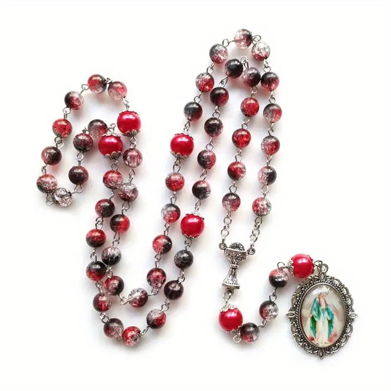 Vintage Virgin Mary Rosary Y-Necklace – Catholic Cross Pendant Religious Pendant Necklace Babs Red