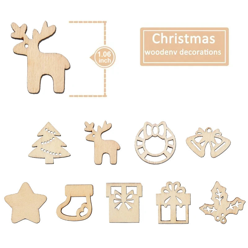 50Pcs Unfinished Christmas Wooden Ornaments DIY Tree Pendants Christmas Wood Ornaments Babs