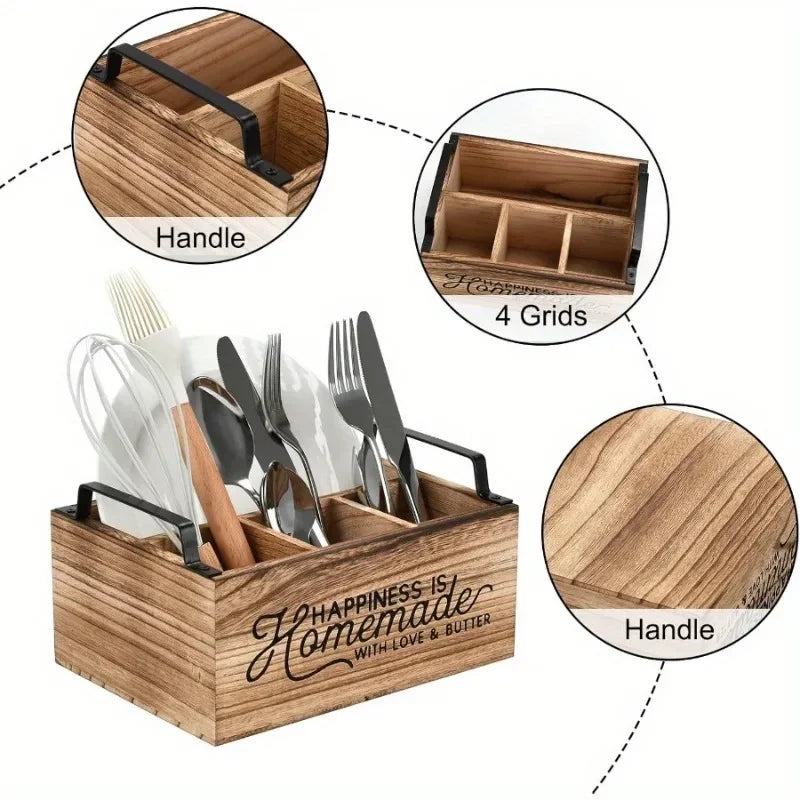 Wooden Coffee Bar Storage Box – 4 Compartments & Handles Kitchen Storage Caddy Babs