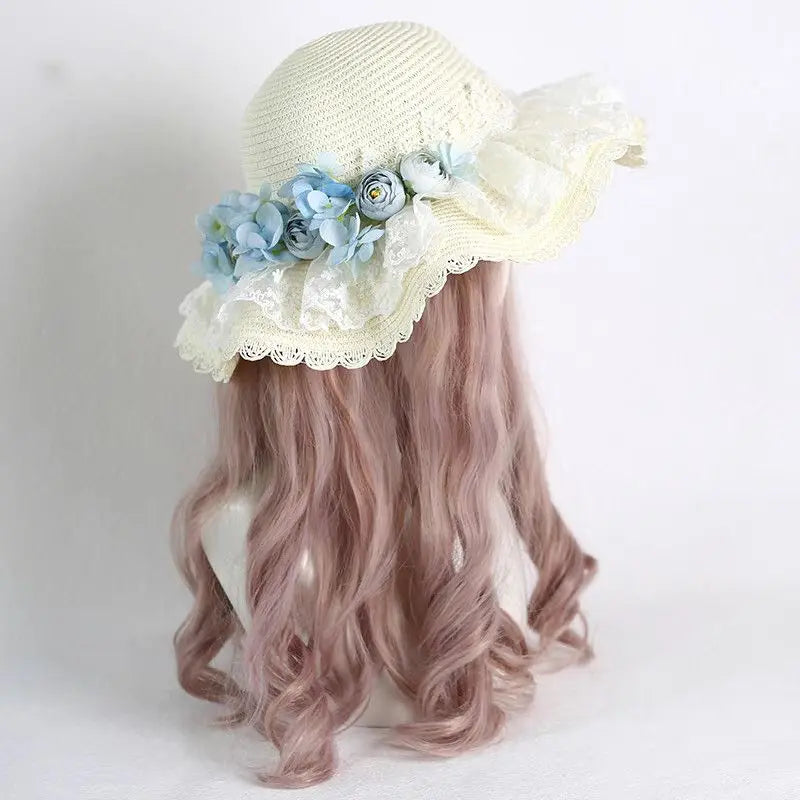 Lolita Straw Sun Hat Lace Ruffle Hydrangea Floral Beach Visor Straw Sun Hat Babs
