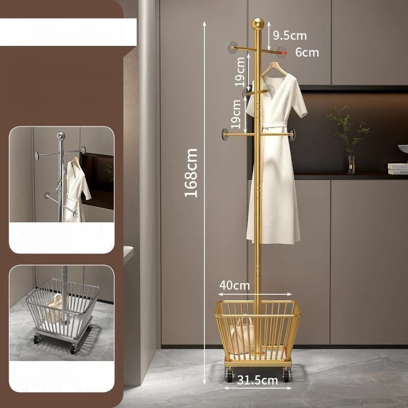 Standing Coat Rack with Basket – Metal Clothes Stand, 3 Hooks Standing Coat Rack Babs Gold