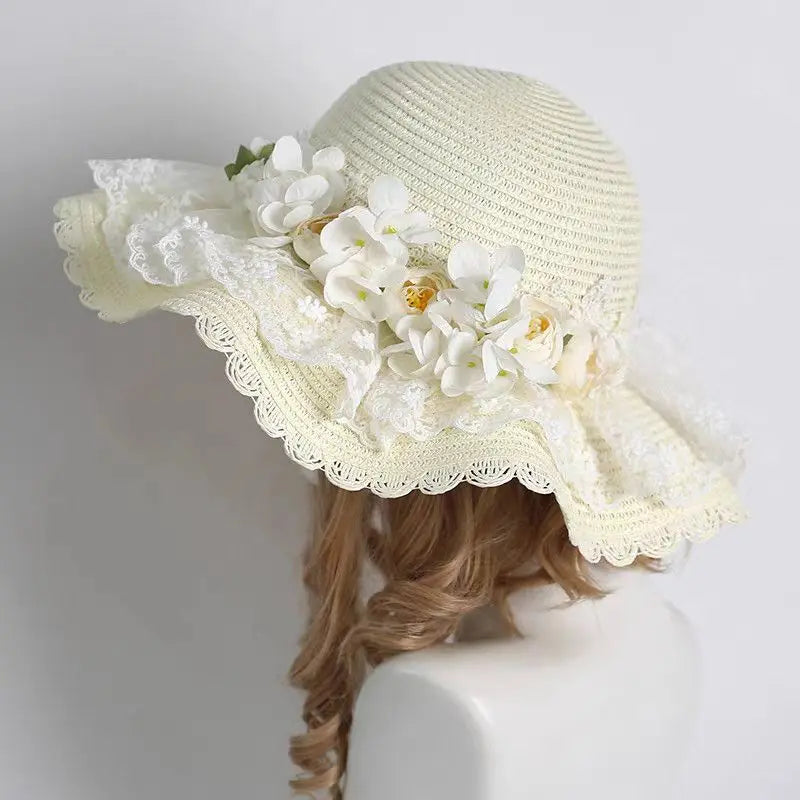 Lolita Straw Sun Hat Lace Ruffle Hydrangea Floral Beach Visor Straw Sun Hat Babs
