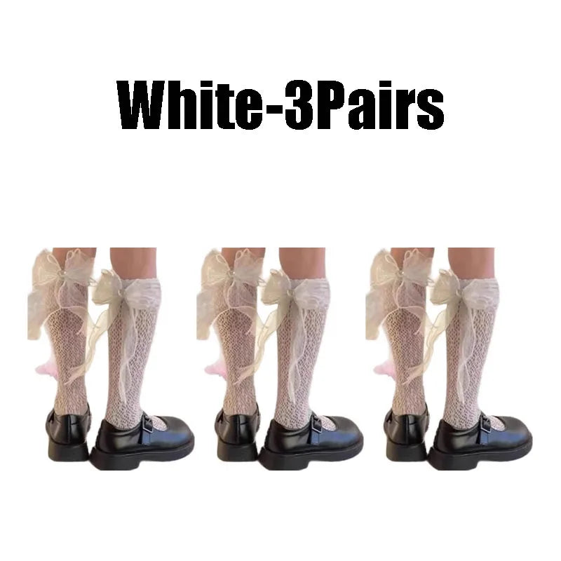 Lace Bow Thigh High Socks – Sheer Mesh Stockings for Women Thigh High Stockings Babs White--3Pairs 35-39