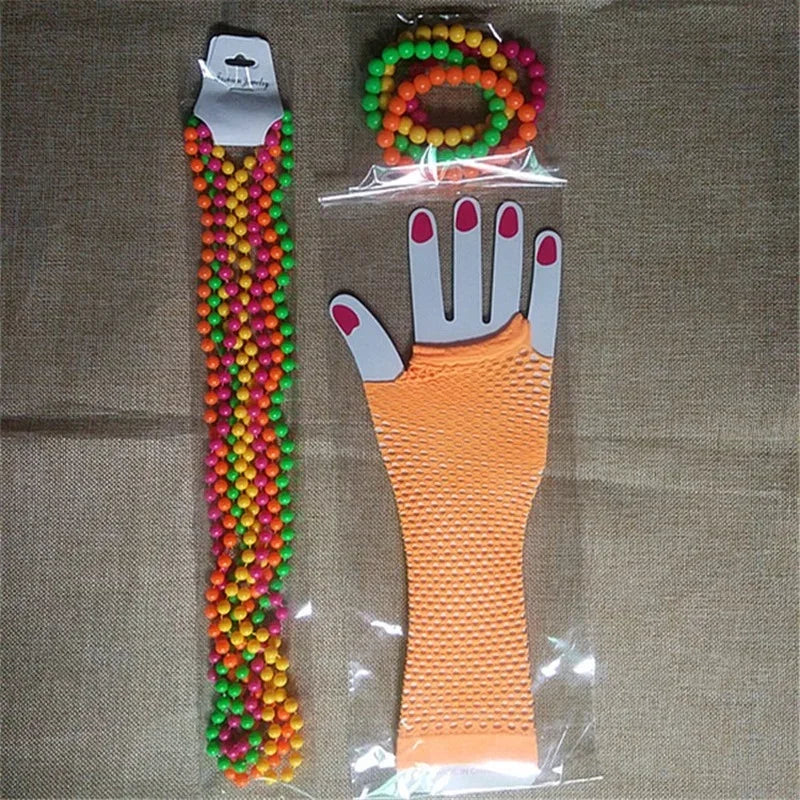 Neon Bead Necklace Bracelet & Fishnet Gloves – 80s Party Set Costume Accessory Set Babs 3