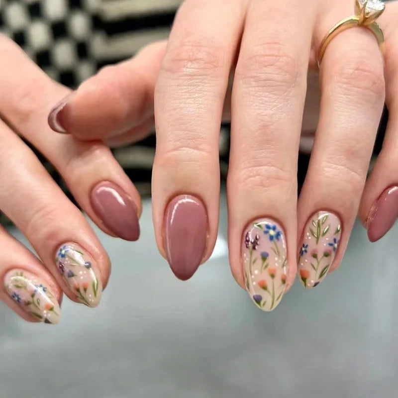 24pcs Floral Short Almond Press-On Nails – Detachable Leaf Design Press-On Nails Babs 24pcs