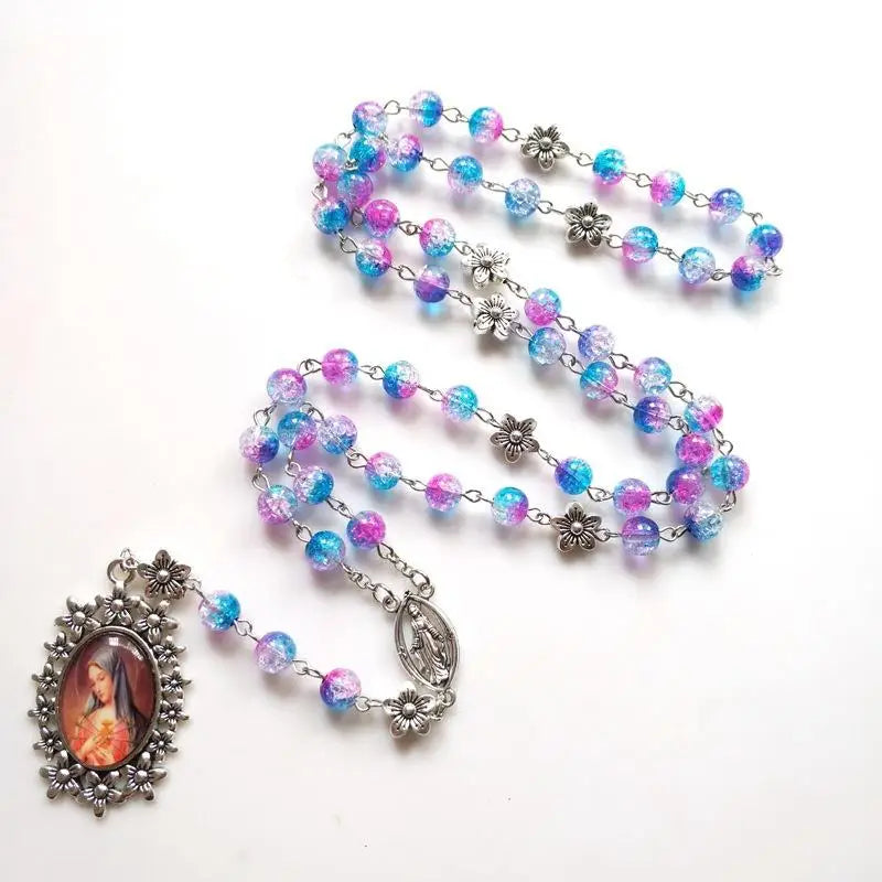 Blue Acrylic Rosary Necklace – Catholic Cross Pendant Unisex Rosary Necklace Babs