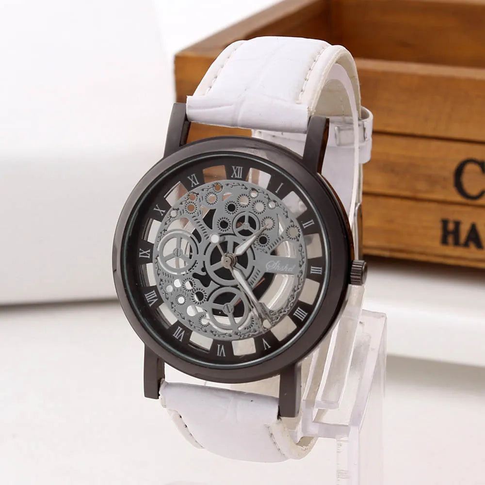 Men's Skeleton Quartz Watch | Leather Strap, Roman Numeral Dial Men's Quartz Watch Babs