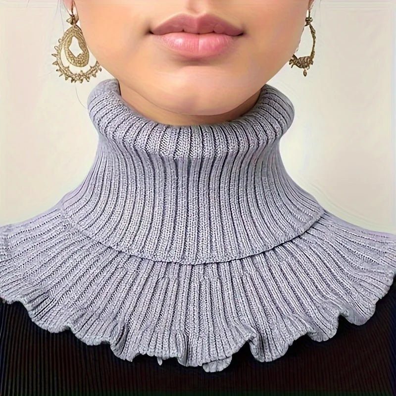 Black & White Knitted Faux Neck Scarf – Ruffle Edge Women Faux Neck Scarf Babs Gray