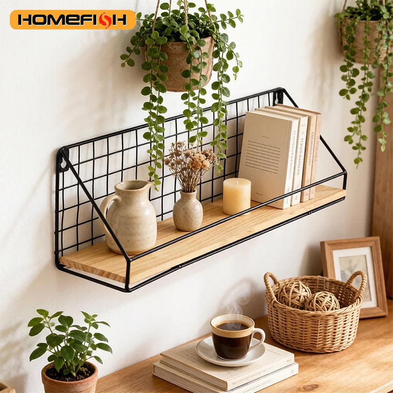 Wall Mounted Iron & Wood Floating Storage Shelf | Space Saving Floating Wall Shelf Babs
