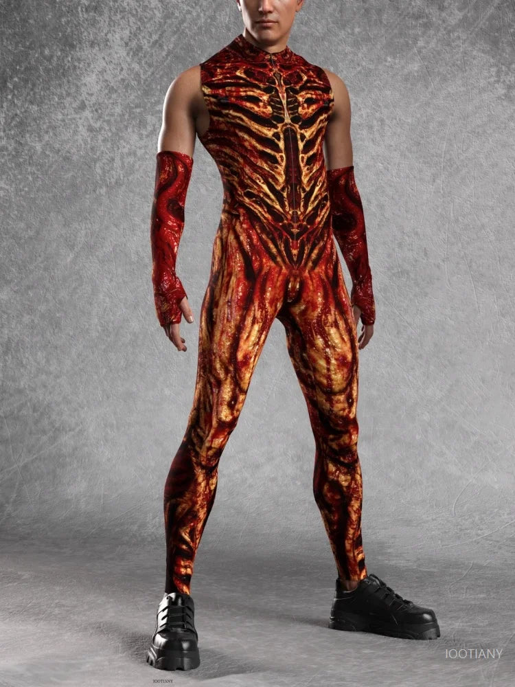 Men's Halloween Flame Magma Muscle Monster Bodysuit Tights Halloween Costume Bodysuit Babs 4XL A China Mainland