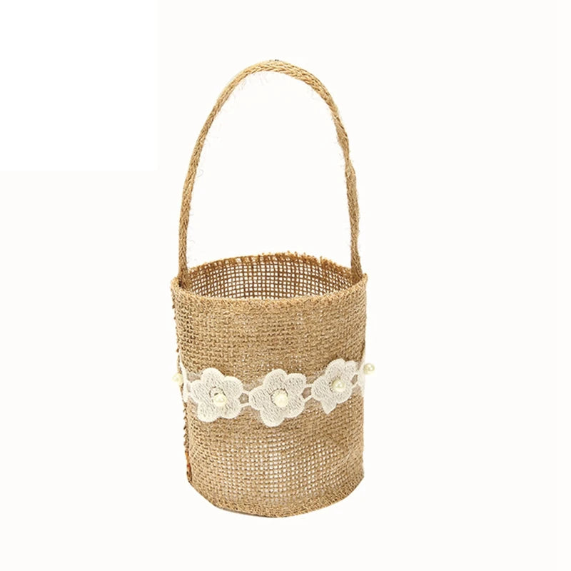 Rustic Lace Linen Flower Basket – Wedding & Party Gift Bag Decorative Flower Basket Babs 1