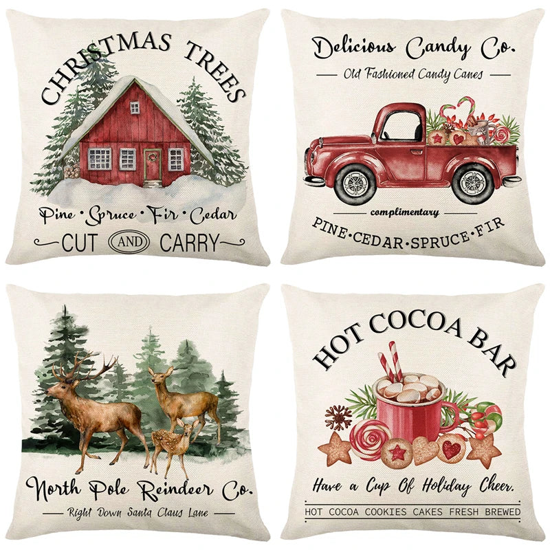 Linen Christmas Pillow Cover 45x45cm – Tree & Deer Design Christmas Cushion Cover Babs