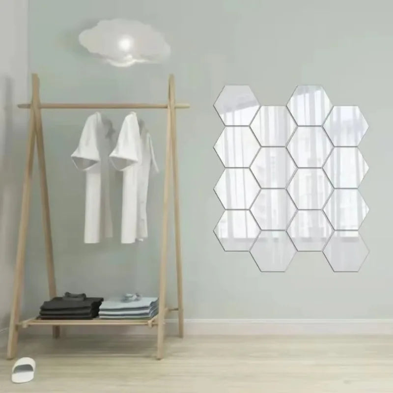 24pcs Hexagon Acrylic Mirror Wall Stickers 3D Mosaic Decal Mirror Wall Stickers Babs