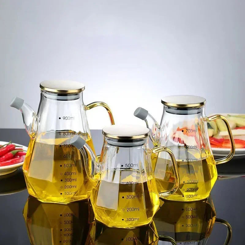 Diamond Glass Oil Bottle with Scale & Lid | 500–900ml Glass Condiment Bottle Babs