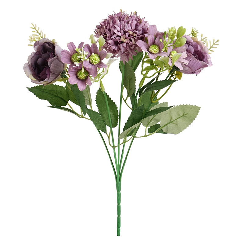 30cm Artificial Peony Hydrangea Daisy Bouquet | Wedding Decor Artificial Flower Bouquet Babs Purple 1Pcs