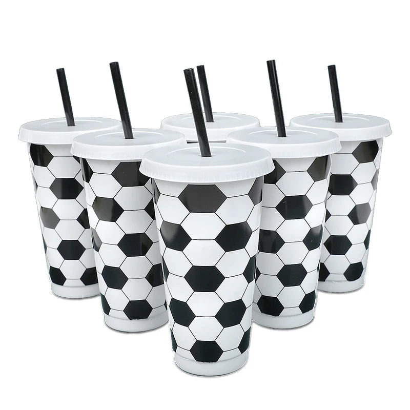 6Pcs Reusable Soccer Cups with Lid & Straw – Kids Party Favors Party Drinkware Set Babs