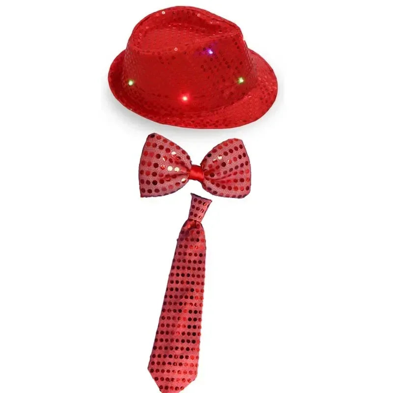 LED Light Up Sequin Jazz Hat & Tie Set | Party Costume LED Party Costume Set Babs light up red 1 Adult size