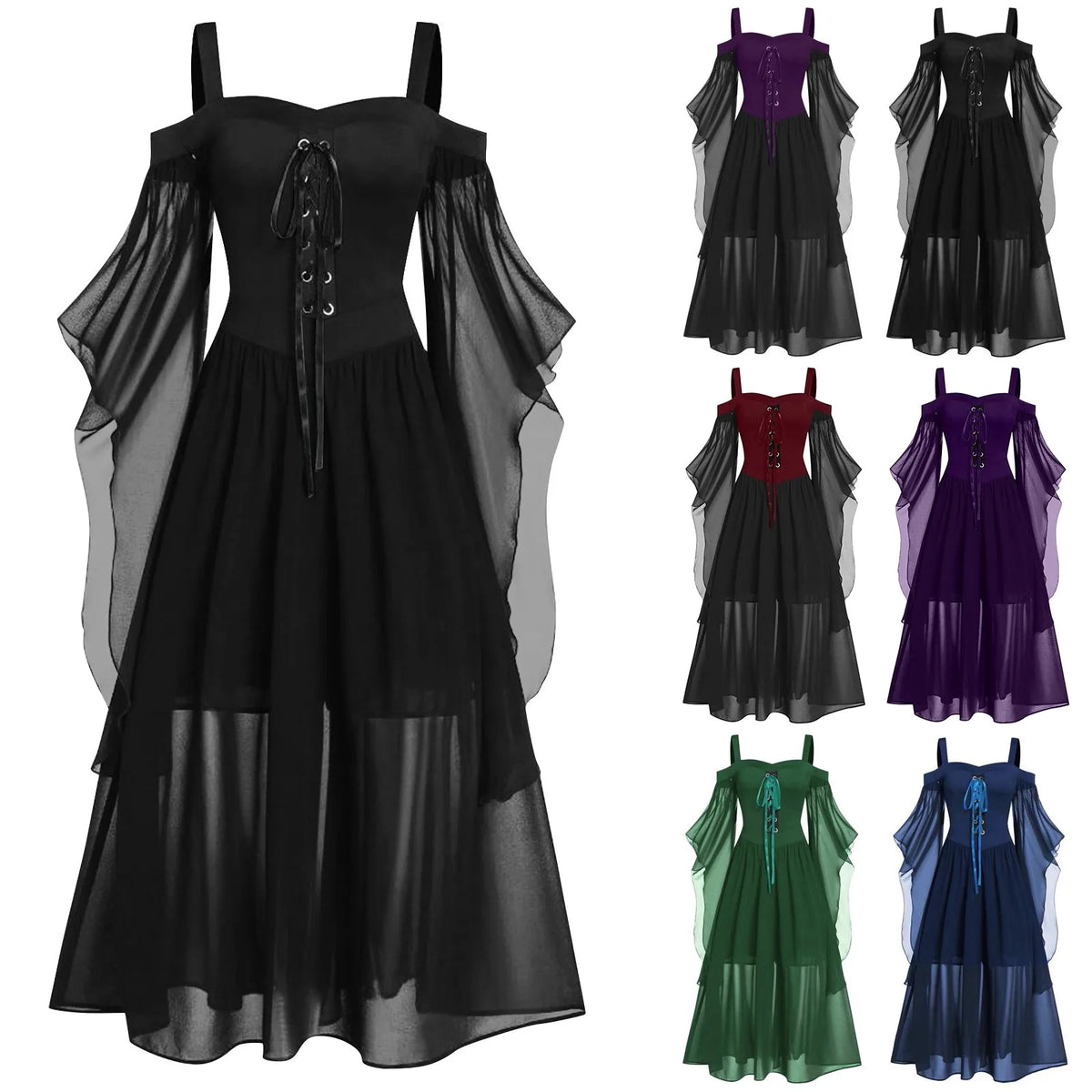 Women's Gothic Witch Costume Dress – Off-Shoulder Butterfly Sleeve Halloween Costume Dress Babs