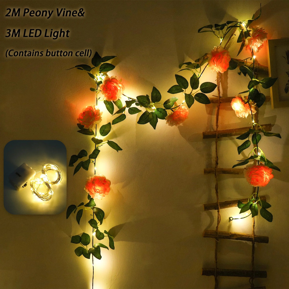Peony Vine LED Wreath – Silk Artificial Flower Wall & Wedding Décor Artificial Flower Garland Babs Pink 1PC