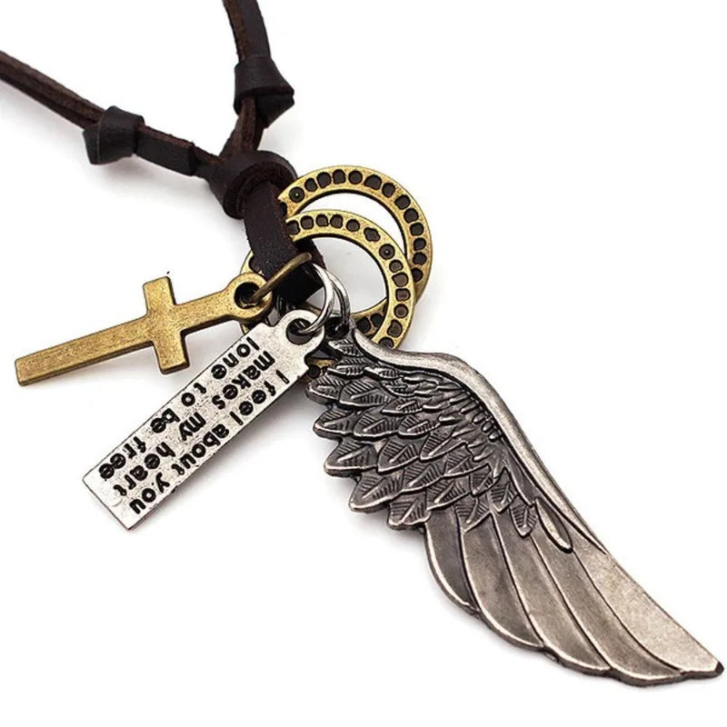 Vintage Leather Feather Pendant Necklace – Unisex Jewelry Pendant Necklace Babs Silver
