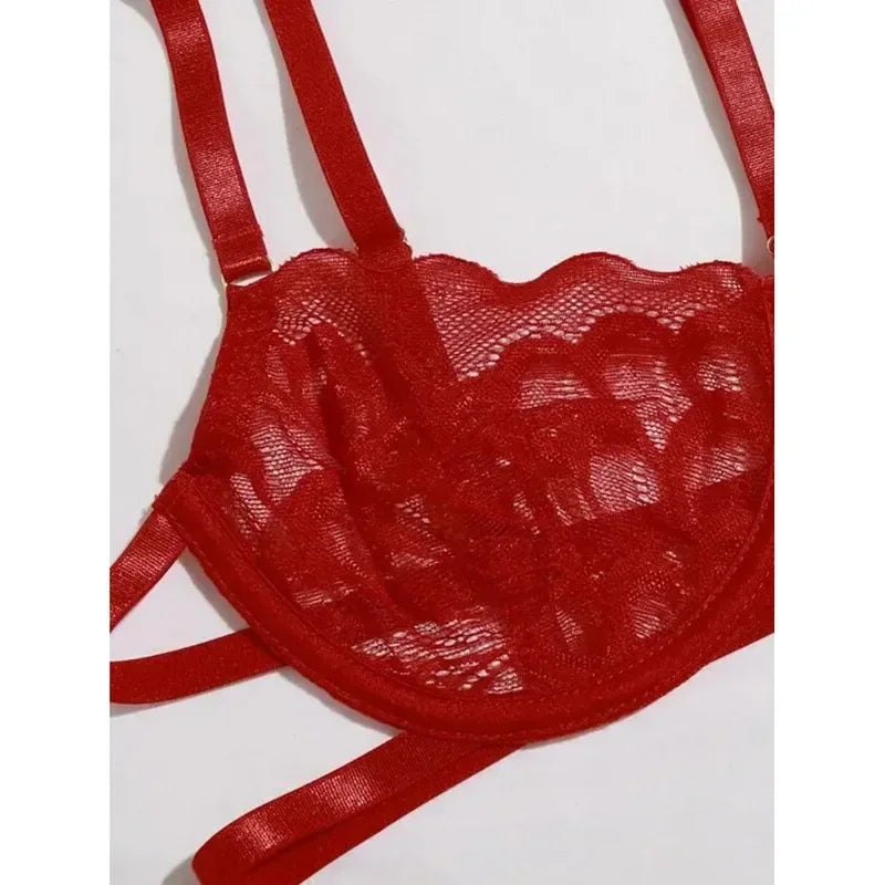 Women's Floral Lace 3-Piece Lingerie Set – Mesh Bra & Thong Lace Lingerie Set Babs