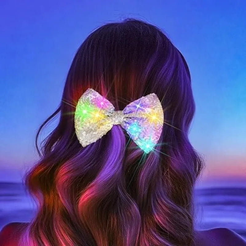 Light Up Sequin Bow Hair Clip & LED Neck Bow – Party Accessory LED Hair Accessory Babs