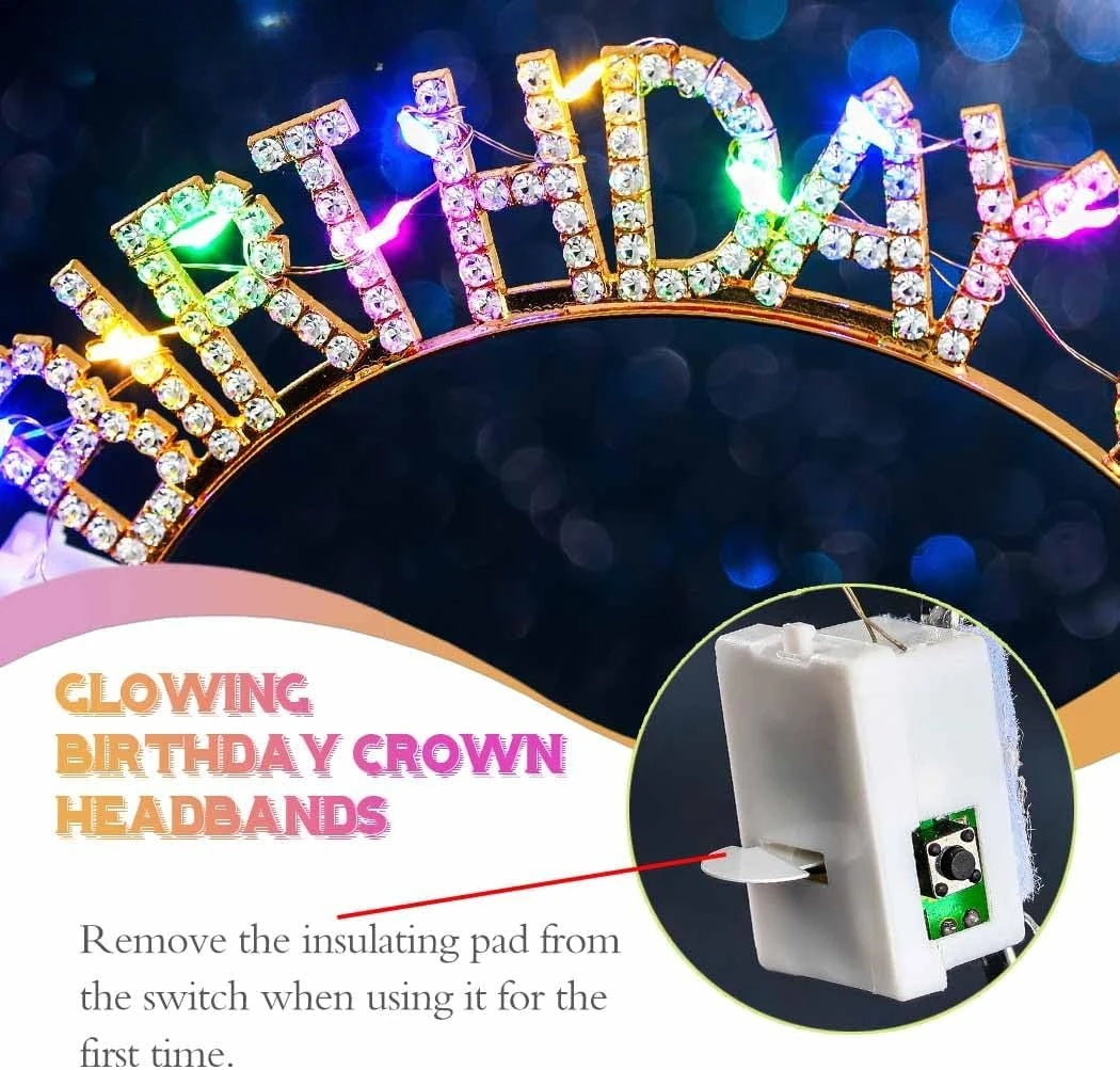 Light Up Birthday Crown & Sash Set – LED Rhinestone Headband Party Crown Sash Set Babs