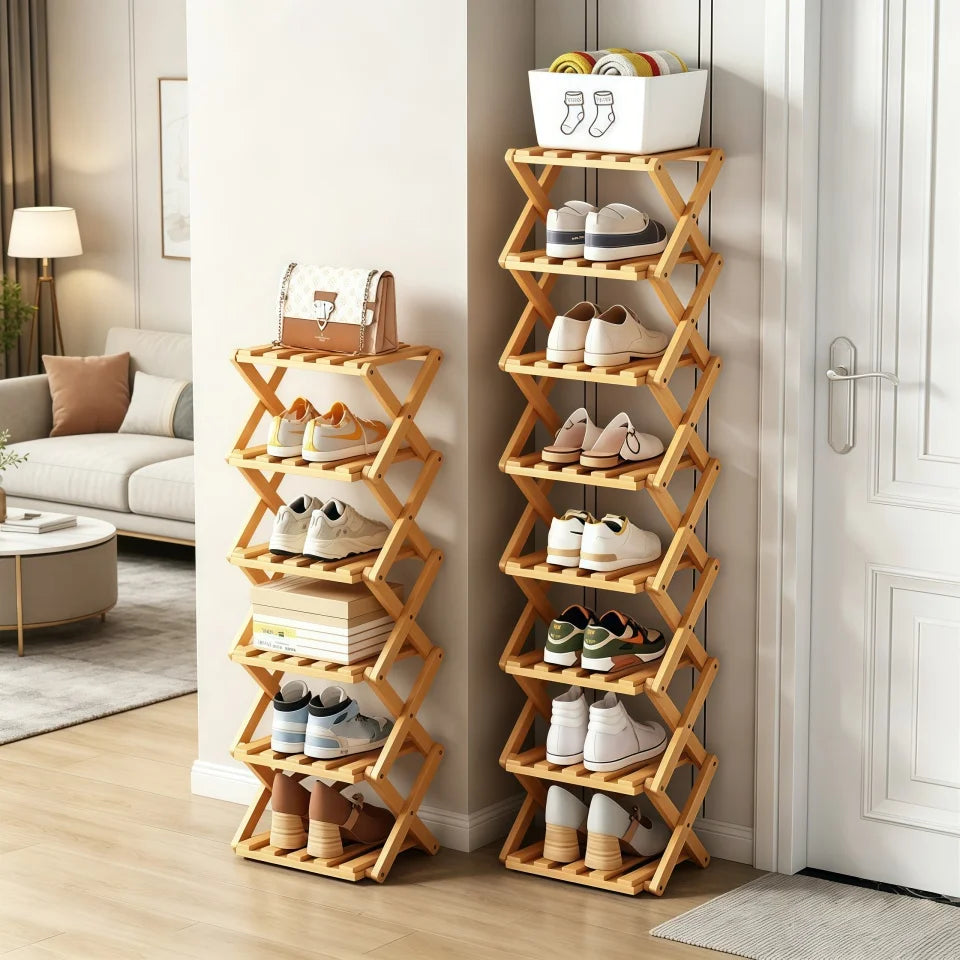 Bamboo Vertical Shoe Rack 4/8/9 Tier – Foldable, No Assembly Foldable Shoe Rack Babs