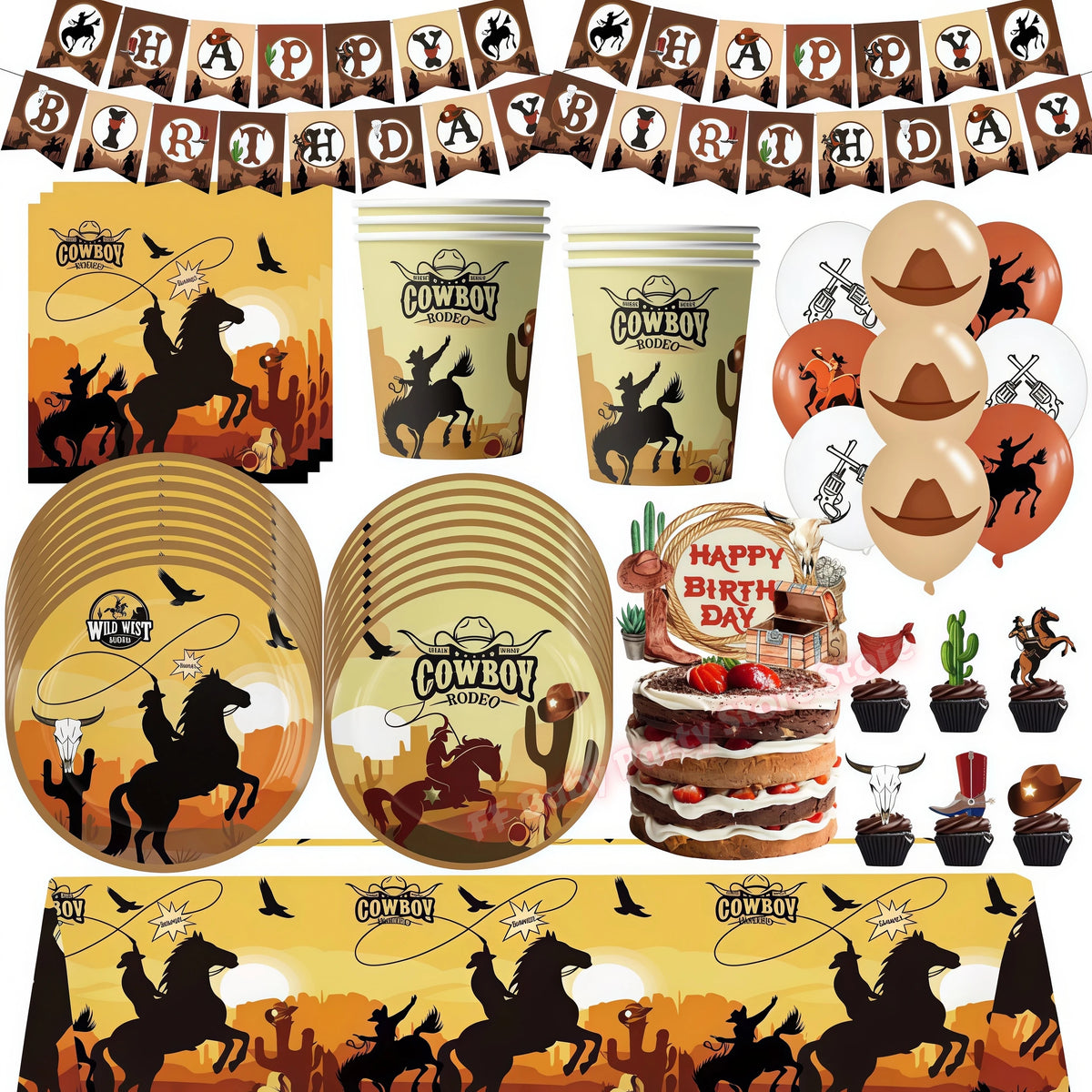 Wild West Cowboy Party Decoration Set – Balloons, Plates & Cups Party Decoration Set Babs