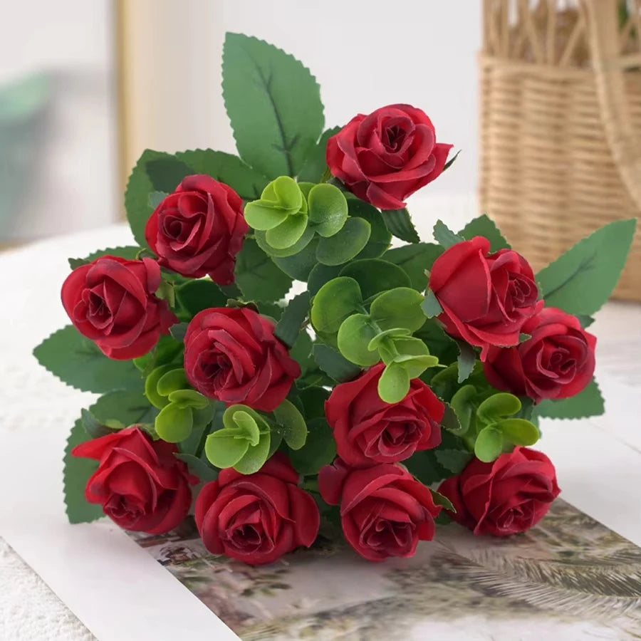 Artificial Silk Rose & Eucalyptus Bouquet – Fake Flowers Decor Artificial Flower Bouquet Babs color 4 1 pc