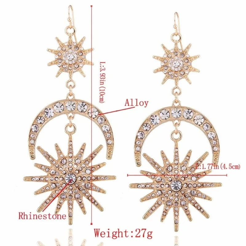 Sun Moon Stars Drop Earrings – Boho Rhinestone Statement Jewelry Drop Earrings Babs