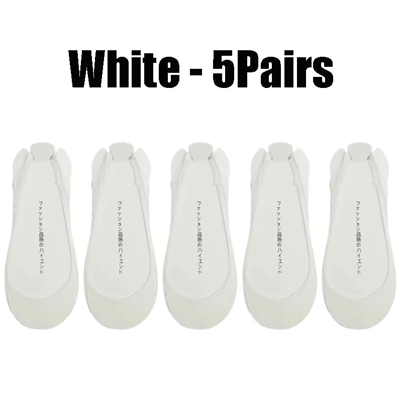 Women's Invisible No-Show Socks – Ice Silk Silicone Non-Slip No-Show Boat Socks Babs White- 5PairS 1XL