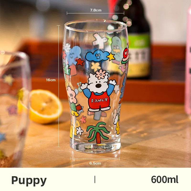Large Capacity Cute Animal Print Glass Cup | Bar & Home Gift Glass Drinkware Cup Babs Puppy 501-600ml