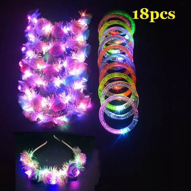 18pcs LED Flower Hair Wreath & Glow Bracelet Party Set LED Party Accessories Babs