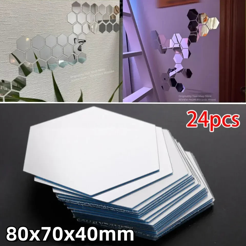 24PCS Hexagon Mirror Wall Stickers – Gold & Silver Acrylic Decals Mirror Wall Stickers Babs Blue